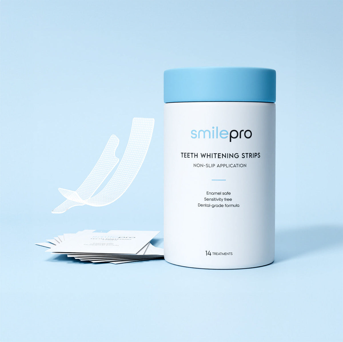 SmilePro Teeth Whitening Strips tub with a pair of strips